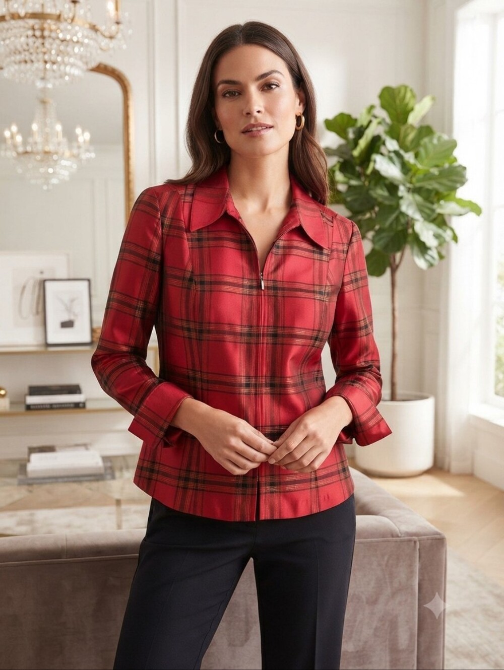 Silk Red Plaid Zip-Front Women's Jacket Size 1X
